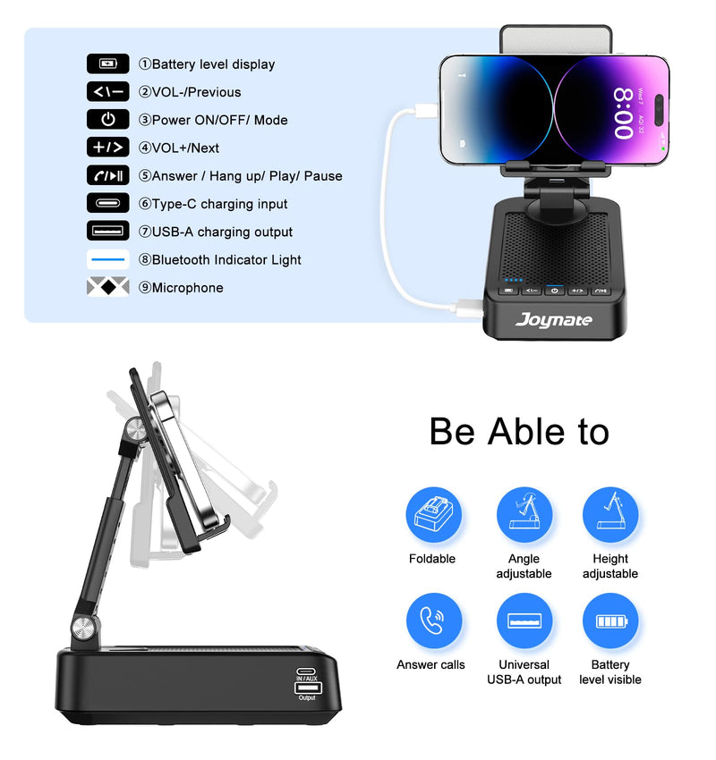 Gifts for Men Women, Bluetooth Speaker Phone Stand with Charging Function 360° Rotable Adjustable Cell Phone Holder HD Surround Sound for Desk Fits All Phones,Tablet (Black) Black