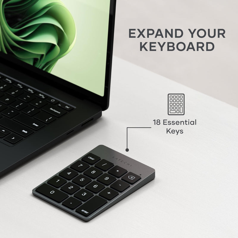 Satechi Slim Aluminum Bluetooth Keypad, USB-C Rechargeable, Space Gray | 18-Key Wireless Number Pad, for MacBook, iMac, iPad, PC, and Laptops