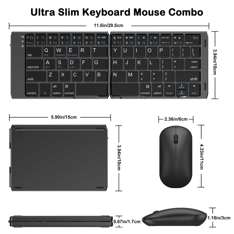 Foldable Keyboard and Mouse, EDJO Folding Wireless Keyboard Mouse Combo with Phone Holder, 2.4G Wireless and Bluetooth, USB-C Rechargeable Portable Keyboard Mouse for iOS Android Windows Mac OS