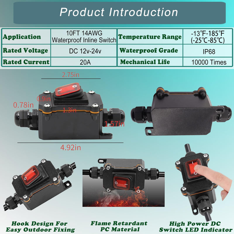 [AUSTRALIA] - 10FT 12V Inline Switch IP68 Waterproof, Outdoor On/Off Toggle Switch with Waterproof Junction Box, DC 12V-24V 20A On Off Switch 12 Volt Inline Cord Switch with Red LED Rocker Button 10FT 