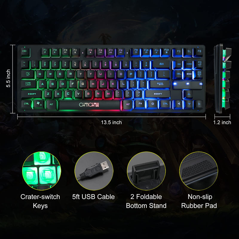 RGB Compact Gaming Keyboard, CHONCHOW USB Wired 87 Keys Gaming Keyboard LED Rainbow Backlit Tenkeyless Gaming Keyboard TKL Keyboard Gaming RGB Keyboard for Laptop Ps4 Xbox PC Computer Game and Work Black