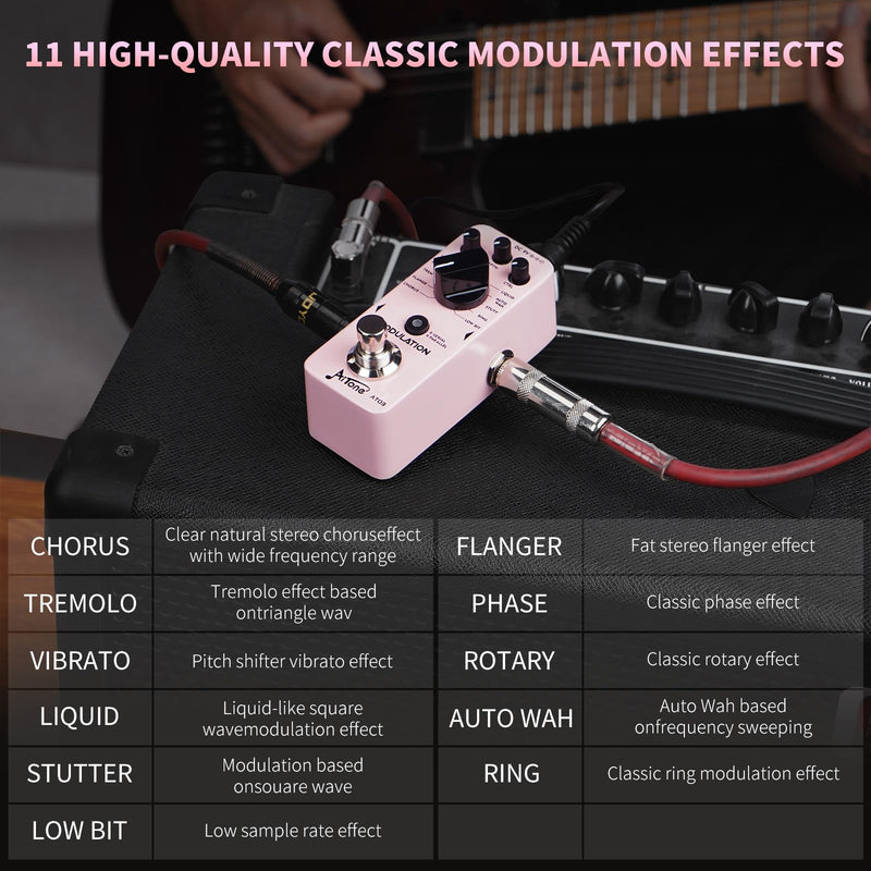 [AUSTRALIA] - AITONE Modulation Pedal for Electric Guitar with Chorus Flanger Tremolo Phaser Vibrato Multi Digital Guitar Pedals 11 Modulation Modes (AT-03) Light pink 