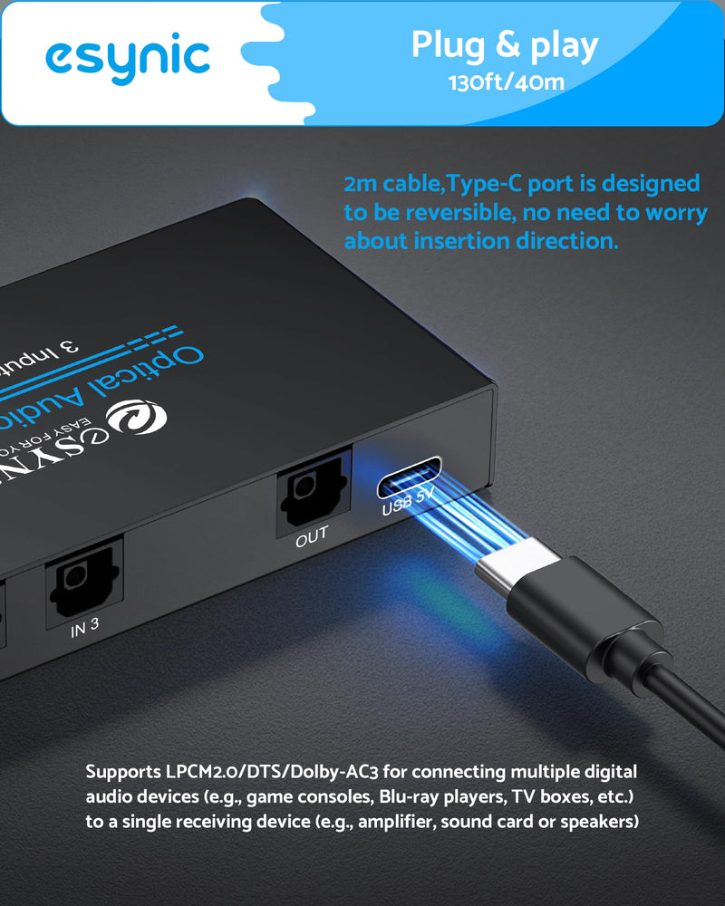 eSynic Portable Digital Optical Audio Switcher 3 In1 Out SPDIF Switcher Aluminum Alloy TOSLINK Audio Switch with 3.28ft Optical Cable Support IR Remote Control from PS4 Blue-Ray DVD HDTV to Soundbar