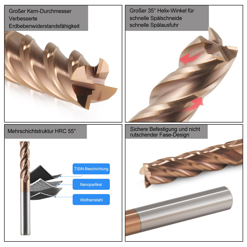CNC Milling Cutter 2.5 mm Carbide AlTiN 55HRC 4 Flute for Roughing/Finishing Solid Carbide End Mills Tungsten Carbide Pack of 5 D2.5x7.5xD4x50L