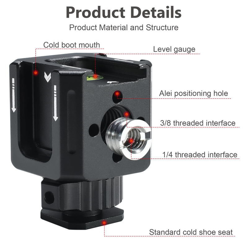 Professional Cold Shoe Mount Adapter - Triple Hot Shoe Expansion with 1/4" Tripod Thread, Built-in Level, Compatible with DSLR Camera Cage Flash LED Light Microphone Monitor