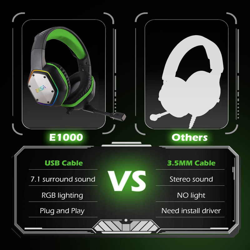 EKSA Gaming Headset with 7.1 Surround Sound Stereo, PS4 USB Headphones with Noise Canceling Mic & RGB Light, Compatible with PC, PS4, Laptop (Green) Green