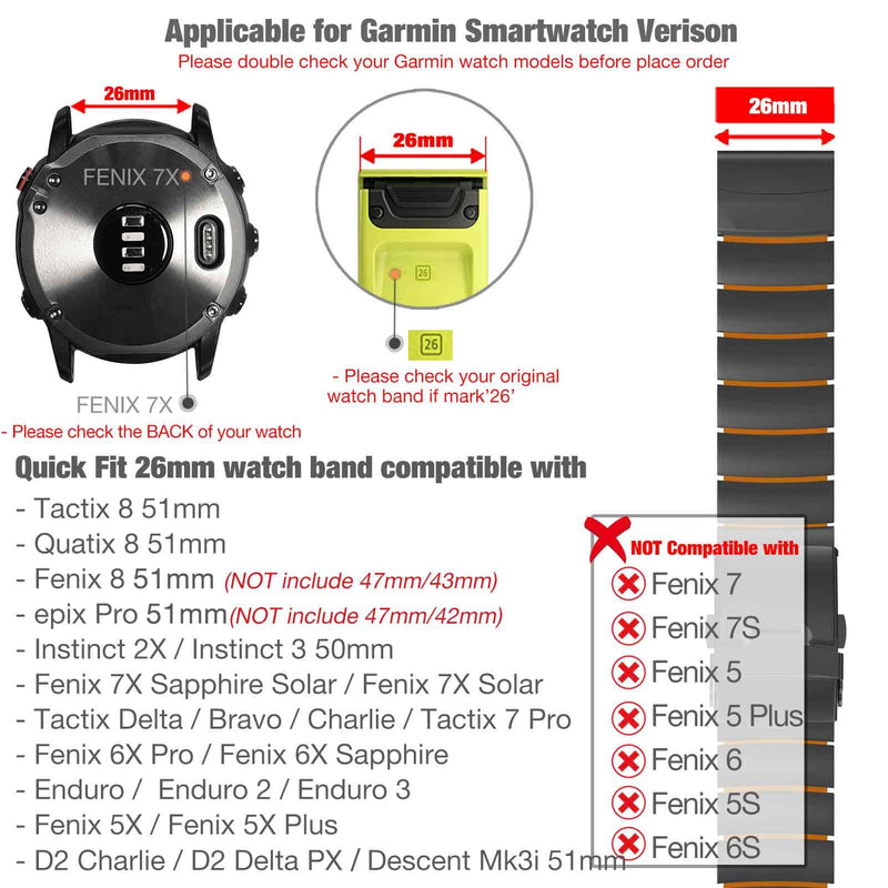 Abanen Lightweight Titanium Silicone Watch Band for Garmin Fenix 8 / Tactix 8 / epix Pro/Enduro, Elevate Dual-Layer Wrist Strap with Flip-Lock Folding Clasp for Fenix 7 /Instinct 3/ Approach S70 47mm Black-Orange 26mm