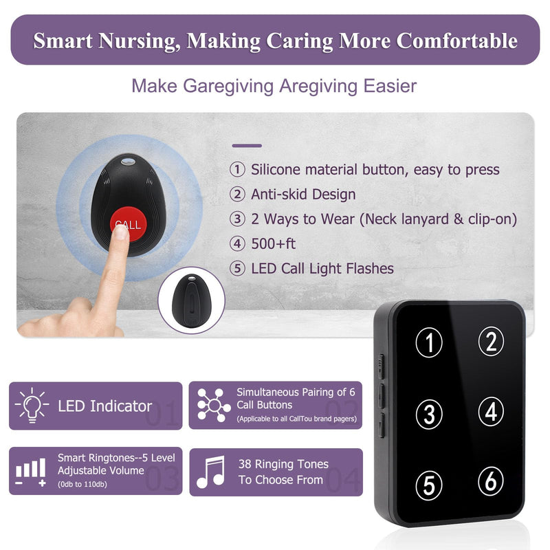 CallToU Wireless Caregiver Pager Call Button Light LED Number Display Call Bell 500+ft Nurse Call System Room Monitors for Elderly Patient Clinic Medical Institution Nursing Home 6 call button + 1 receiver