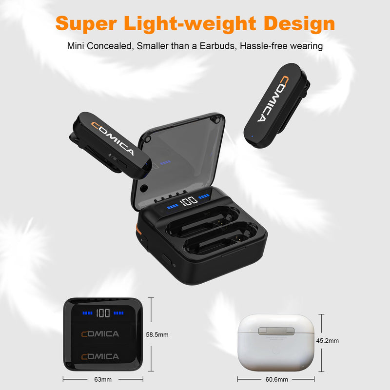 COMICA Vimo S MI Wireless Microphone for iPhone, MFI Certified, Noise Cancellation, 656' Range, 15H Working Time, Monitoring, iPhone Mic for Video Recording, Vlog, Live Streaming, YouTube Lightning Version