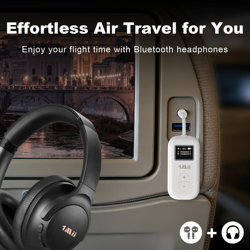 1Mii SafeFly Dual | Airplane Bluetooth Adapter for AirPods or Headphones, Bluetooth Transmitter with Screen, Volume Control, aptX Adaptive & HD, 3.5mm Aux Audio Jack for Airplane, Travel Flight