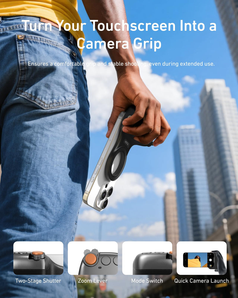 [AUSTRALIA] - TELESIN Fun Shot Magnetic Phone Camera DSLR Style Shutter Grip for Magsafe iPhone & Android with Detachable Wireless Shutter Button - Official Grip -Comfort Ergonomic Phone Grip Handle Holder(B) Black 