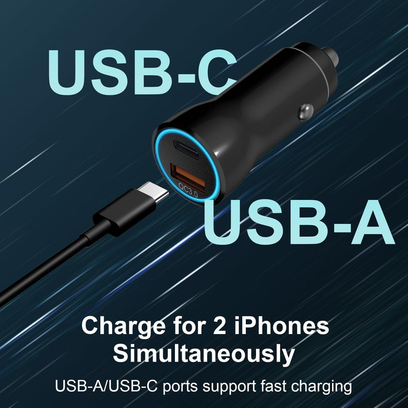 iPhone 16 15 Car Charger, [Apple MFi Certified] USB C Car Charger 43W Fast Charging with 3.3 FT USB C to USB C Cable, PD USB-C & QC 3.0 USB Car Adapter for iPhone 16 15 Pro Max Plus Black 1 Pack