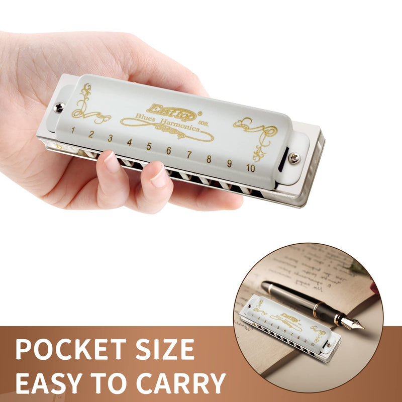 East top Blues Harmonica, 10 Holes 20 Tones Diatonic Blues Mouth Organ Harmonica Key of D with White Cover, T008L Harmonica for Adults, Professionals and Students white-D