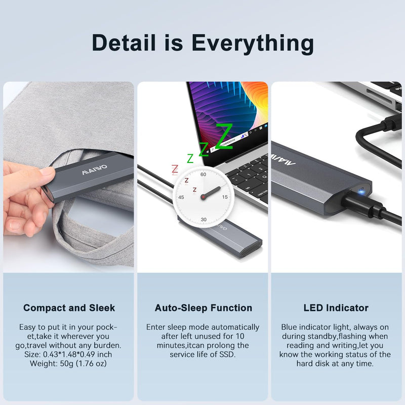 MAIWO M.2 SSD Enclosure Adapter, 10Gbps NVME Enclosure with Tool-free Design, 4TB Storage Expansion,M Keys,Aluminum Alloy,Automatic Sleep (FIts 2230/2240/2260/2280)