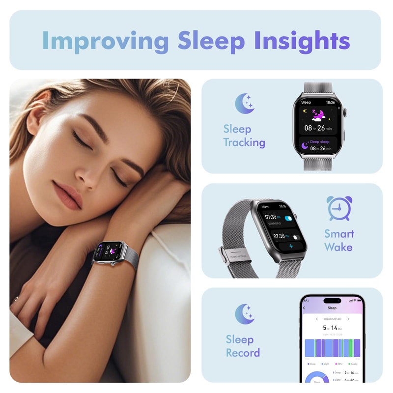 YMS Android Smart Watch for Women - Bluetooth Call,Compatible with Android & iOS，2.0" HD, Heart Rate/Sleep/Step Tracker, 100+ Sports Modes,IP68 Waterproof Men Fitness Tracker (Silver(Milanese)) Silver