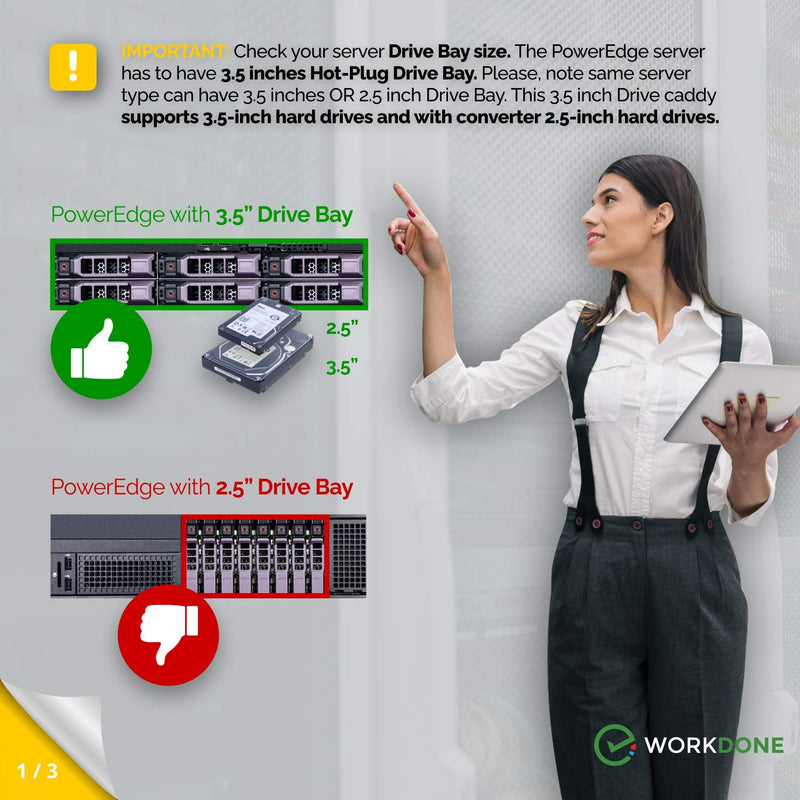 WorkDone 3.5 inch Drive Caddy with 2.5 inch HDD Adapter - Compatible for Dell PowerEdge Servers - R740 R640 R540 R440 R340 R550 R450 R650xs R750xs - Bright LED Tray - with Detailed Setup Manual