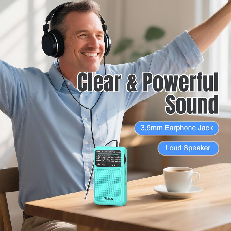 PRUNUS J-211 Portable Radio AM FM with USB Charging and AA Battery Operated, Transistor Radio, Strong Reception& Clear Speaker, Headphone Jack, Back Clip, Lanyard, Small radios Portable AM FM Blue