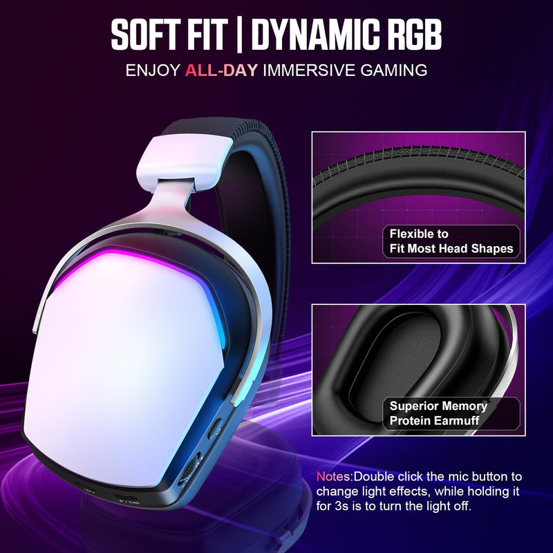 Wireless Gaming Headset for PS5 PS4 PC Mac Switch, RGB Headphones with 7.1 Surround Sound, Bluetooth 5.4, 60H Battery, Noise Canceling Mic & 50mm Drivers