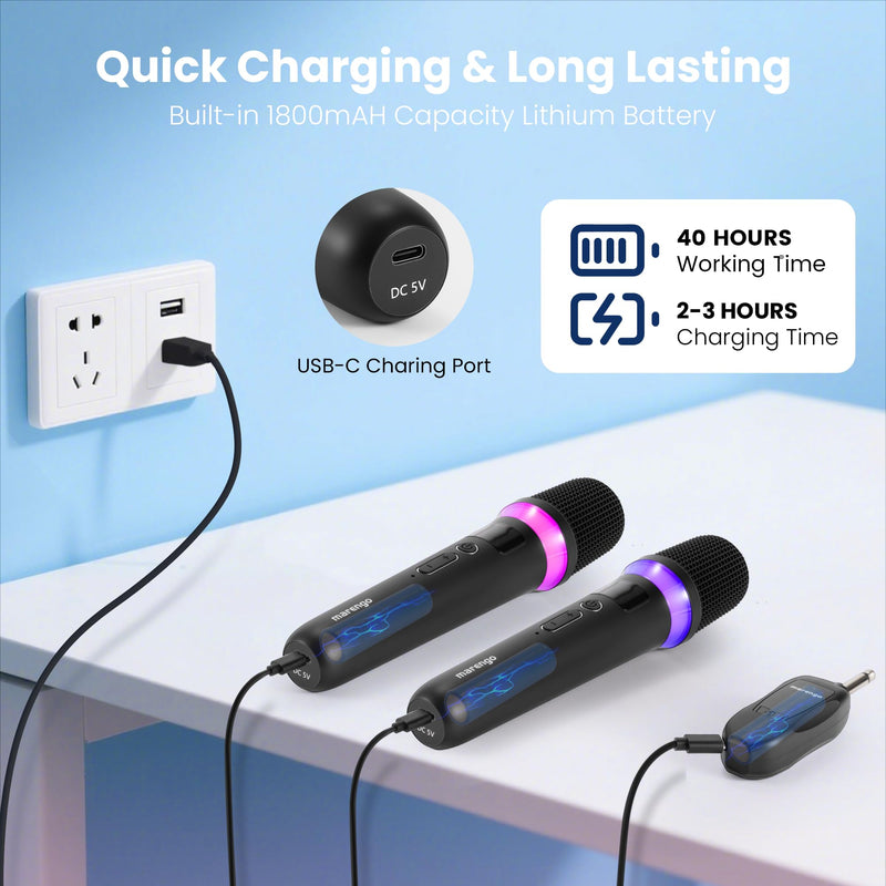 Wireless Microphones, Rechargeable Cordless Karaoke Microphone with One-to-One Chip Connection, LED Lights, 40H Duration, 200FT, Handheld Bluetooth Microphone Wireless for Singing,Speech,Church,Party
