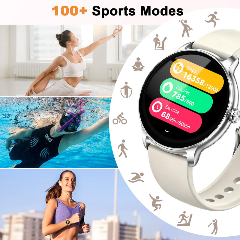 Smart Watch for Women, 1.32'' AMOLED Clear Screen, 2026 New Lightweight Women Smart Watch, Answer/Make Calls, Fitness Tracker with Heart Rate/Sleep/Step Counter, IP68 Waterproof, Gift for her, White off-white