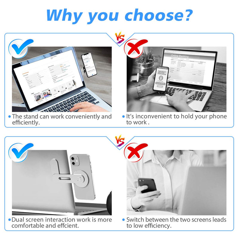 Magnetic Phone Holder for Laptop Designed for iPhone 15/14/ 13/12 MagSafe, Adjustable Phone Monitor Side Mount, Slim Portable Foldable Computer Expansion Bracket, Silver Sliver