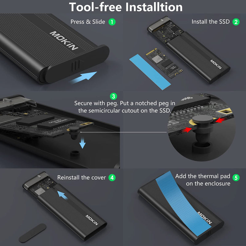 MOKiN M.2 NVME SATA SSD Enclosure Adapter Tool-Free, RTL9210B Chips, USB C 3.1 Gen 2 10Gbps NVME, 6Gbps SATA PCIe M-Key(B+M Key), External Solid State Drive Support UASP Trim for 2242/2260/2280 SSD