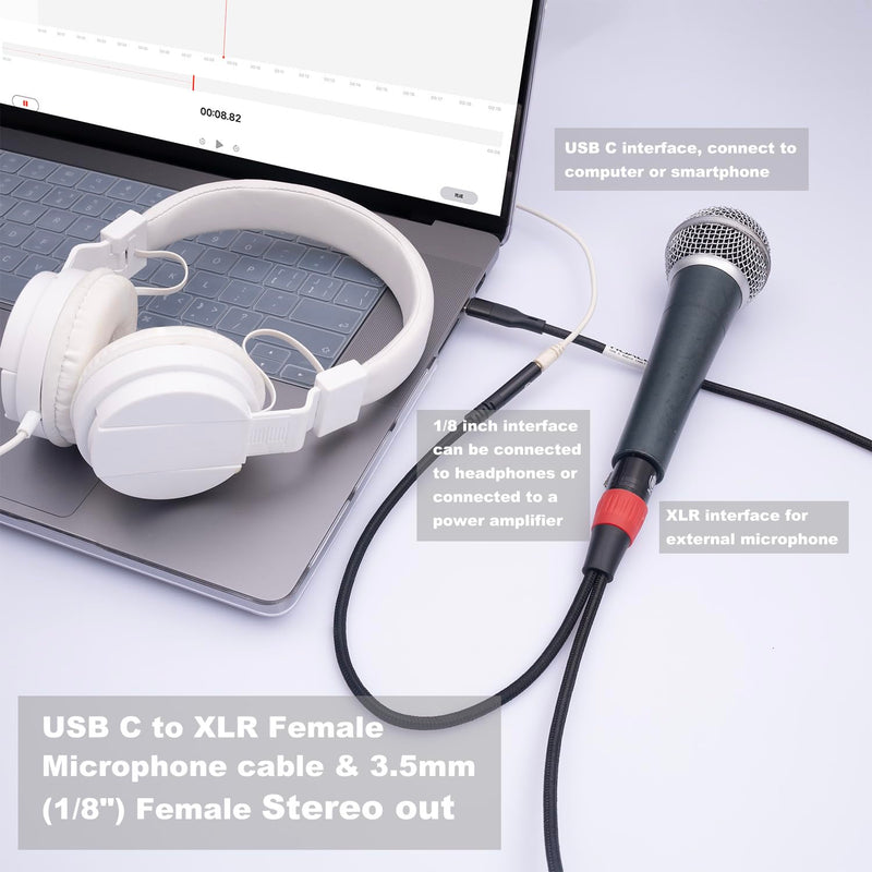 10FT USB C to XLR Female Microphone Cable & 3.5mm (1/8") Female Stereo Out Adapter,USB C to 3.5mm Headphone Cable&XLR Female Microphone Record Cable for iPhone 15 Garageband,Tablet,Laptop 10 feet