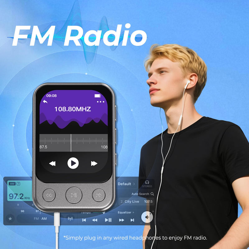 64GB Clip on MP3 Player with Bluetooth 5.3, Built-in Speaker, 2" HD Touchscreen, FM Radio, Voice Recorder, Portable Music Player for Running, Gym, Shuffle Audio Video, Up to 128GB MicroSD Card Gunmetal Grey