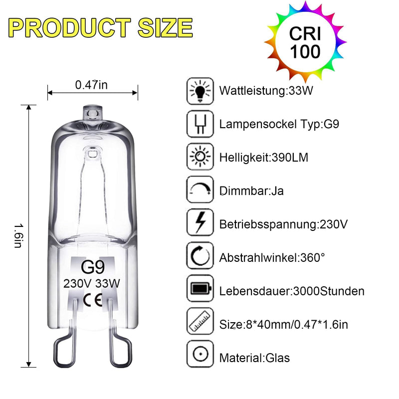 ATJTYSX Pack of 12 Halogen Bulbs, G9 33 W 230 V Oven Lamp, G9 Halogen Bulb, for Oven, Microwave, Oil up to 300 °C