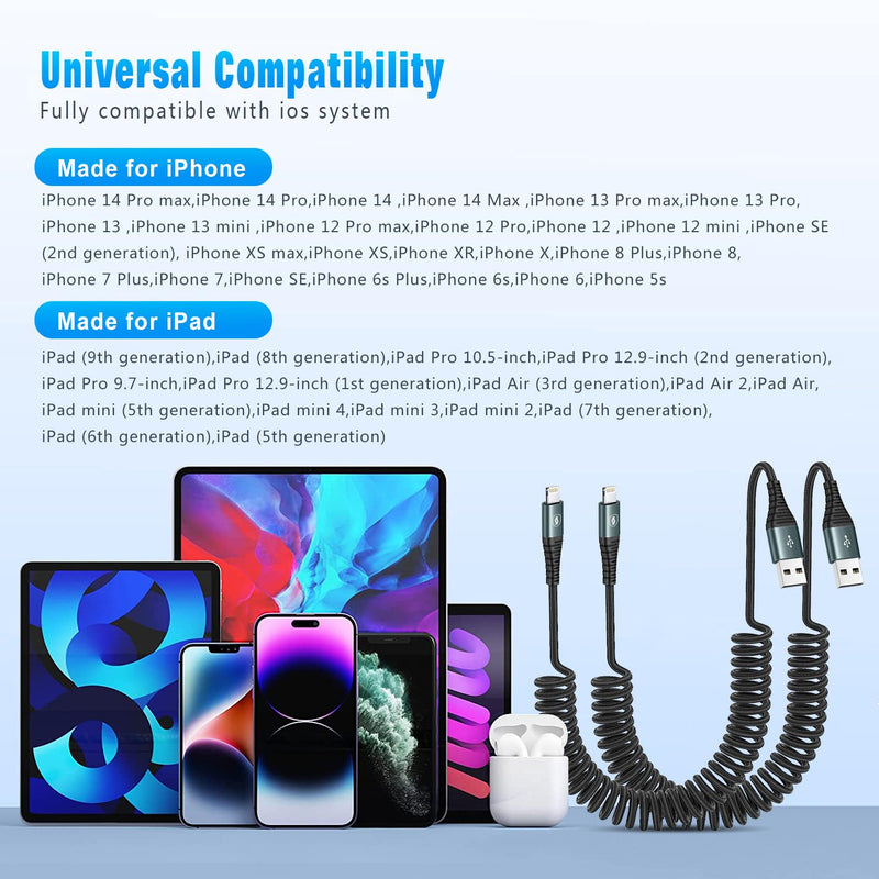 Coiled Lightning Cable 3ft Nylon Braided, iPhone Charger Fast Charging for Car [Apple MFi Certified], Compatible with iPhone14/13/12/11 Pro Max/XS MAX/XR/XS/X/8/7/Plus/6S iPad/iPod-2Pack 2Pack-3FT Grey