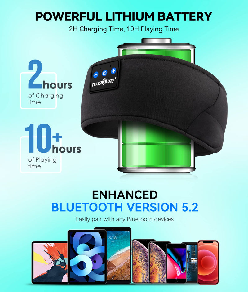 [AUSTRALIA] - MUSICOZY Sleep Headphones Headband, Wireless Earbuds Earphones Sweat Resistant with Ultra-Thin HD Stereo Speaker, Bluetooth 5.2 for Workout Running Cool Gadgets Unique Gifts Dark Black 