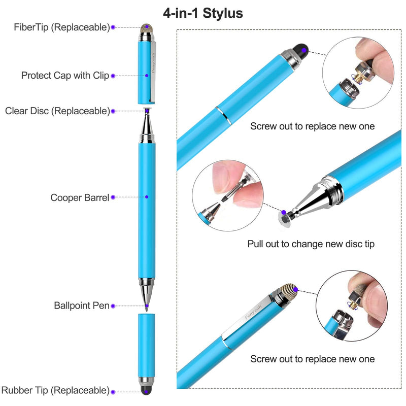 Stylus Pen for iPad - Penyeah [4-in-1] High Sensitivity and Precision Touch Screen Stylus Disc Tip,Black Rubber Tip & Mesh Fiber Tip Universal for All Capacitive Touch Screen Device - Light Blue