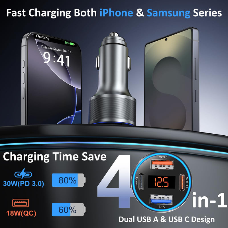 Car Charger 5 Pack, 65W 12V USB Multi Port QC/PD 3.0 Fast Charge Cigarette Lighter Adapter Dual USB-C & USB-A Cargador Carro Car Phone Charger Plug for iPhone 17 16 15 14 13 Galaxy Android(Gray) Gray