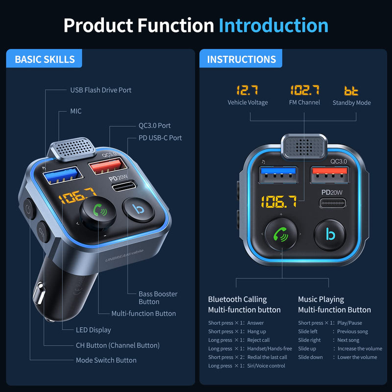 UNBREAKcable Bluetooth 5.3 FM Transmitter for Car, [PD 20W + QC 3.0] [Stronger Microphone & HiFi Bass Sound] Cigarette Lighter Radio Music Adapter Charger, Supports Hands-Free Siri Google Assistant Blue