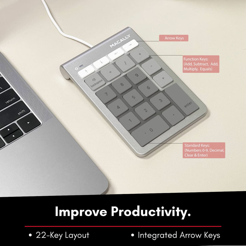 Macally Wired USB C Number Pad Keyboard - Type C Numeric Keypad for Laptop, Apple Mac iMac MacBook Pro/Air, Windows PC, or Desktop Computer - 10 Key USB Keypad Numpad with 5 Foot Cable - Silver