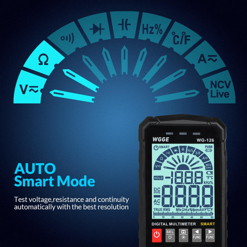 [AUSTRALIA] - WGGE Digital Multimeter Voltmeter Smart Electrical Tester Measures Voltage Current Resistance Continuity Duty-Cycle Capacitance Temperature Frequency Auto Ranging 6000 Counts TRMS 