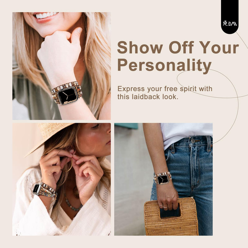 JR.DM Boho Beaded Watch Band Silver Stainless Steel Bracelet Strap Bundle Compatible with Apple Watch 38mm 40mm 41mm 42mm 44mm 46mm 45mm 49mm Women for iWatch Series 11/10/9/8/7/6/5/4/3/2/1/SE/Ultra