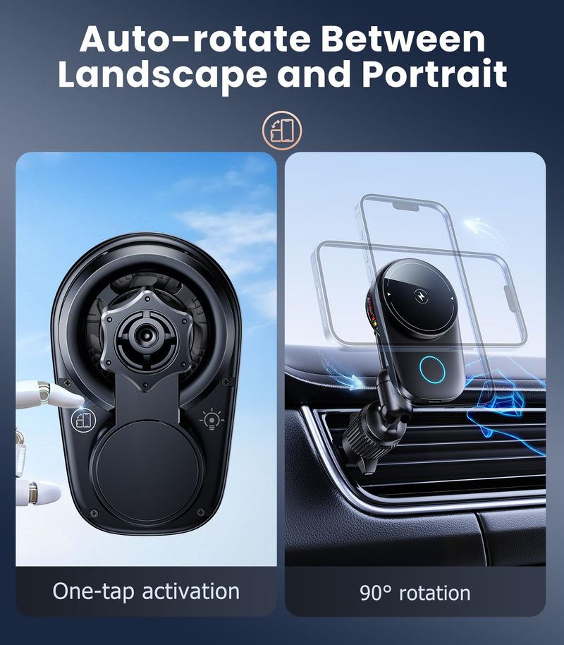 Long-arm Wireless Magnetic Car Phone Holder Mount with Cooling Fan & RGB Lights, 15W Fast Charging Auto-Rotate Charger for iPhone 17/16/15/14/13/12 S25 Samsung Google, Car Air Vent Mount Vent clip