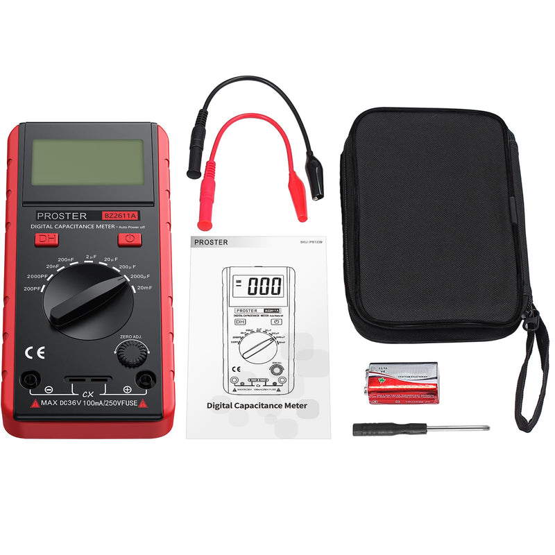 Proster Digitales Kapazitätsmessgerät 200pF-20mF Messgerät Kondensator Handmultimeter Tester für Anfänger mit drehbarer LCD-Anzeige Rot-vereinfachte Version