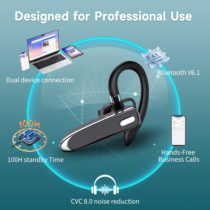 Wireless Single Ear Bluetooth V6.1 Headset, Business Earpiece with Mic | CVC8.0 Noise Cancelling,100H Playtime, LED Display, Dual Device Pairing, Mute Button for Office, Driving, Trucker Black