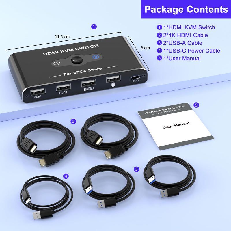 KVM Switch for 1 Monitor 2 Computers, 4K@60Hz HDMI KVM Switcher, HDMI USB Hub Switches for PC/Mac Pro/Laptop, Plug and Play, Share Keyboard Mouse Printer, with 2 USB Cables and 2 HDMI Cables