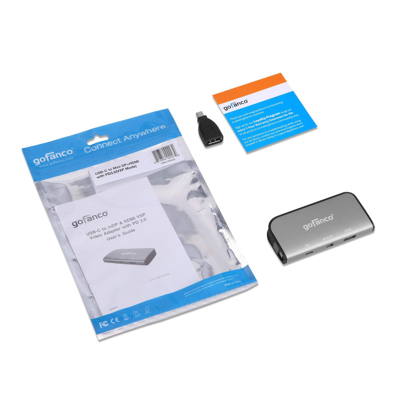 gofanco USB-C Dual Video Xpanding (VXP) with PD 3.0 Charging – DP Alt Mode Required, Thunderbolt 3 Compatible, Dual Monitor Panoramic 3840x1080 View Adapter - USB C to mDP/DP & HDMI - Windows & macOS