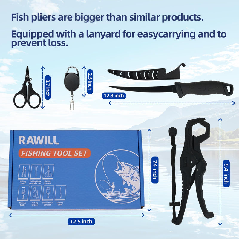 RAWILL Fishing Kit,Filleting Knife,Hook Remover,Fish Grip, Line Cutter,Fishing Scale, Pliers with Lanyards,Not Include Batteries Black