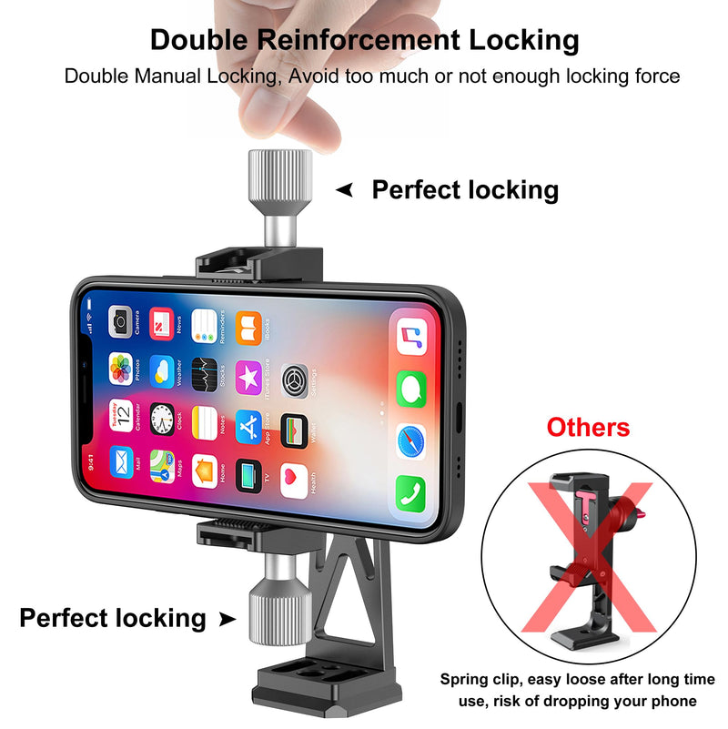 Peastrex Metal Phone Tripod Mount Extra Deep Clamp with Arca Port Cold Shoe 360°Ball Head Cellphone Tripod Adapter for iPhone Galaxy Smartphone Stand Holder for Vlogging Video Camera Monitor