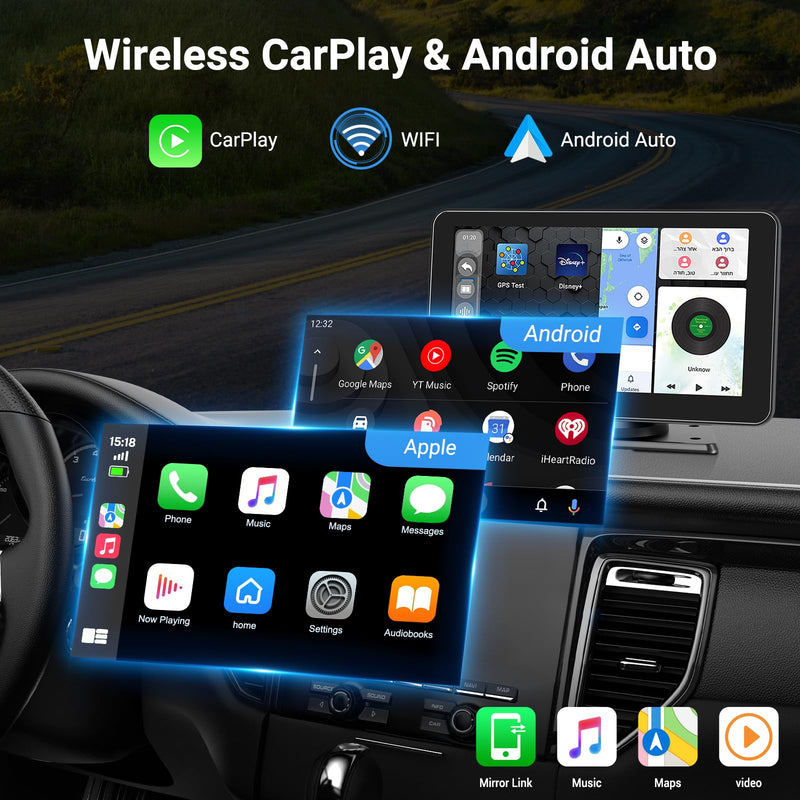 Wireless Apple Carplay Screen for Car, 7" HD Touchscreen with Portable Apple Carplay & Android Auto Car Stereo with Backup Camera, GPS Navigation/Mirror Link/Voice Control/Bluetooth 7inches