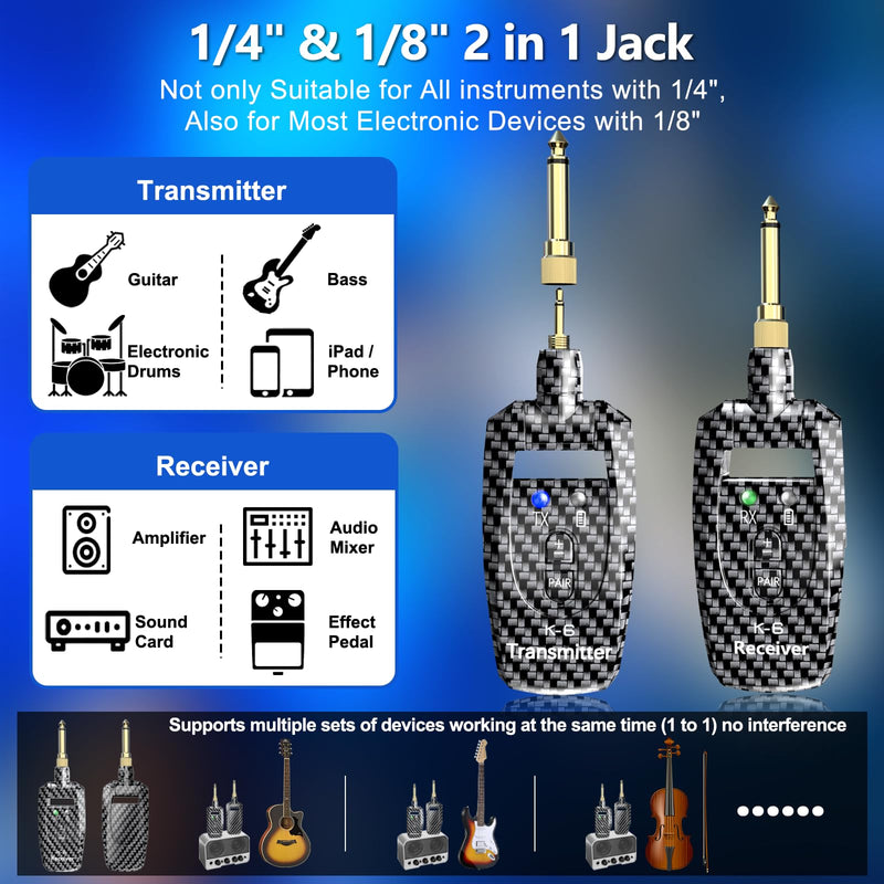 [AUSTRALIA] - Wireless Guitar System 2.4GHz Transmitter Receiver, 24-bit 48KHz Audio, 100ft Range, Rechargeable 5-Hour Battery, 250° Rotating Plug, No Latency for Electric Bass, Guitar Accessories K6 
