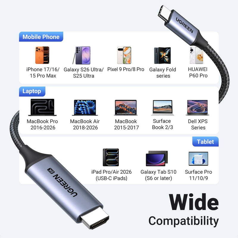 UGREEN USB C to HDMI 2.1 Cable 8K@60Hz 4K@240Hz for Home Office, 10FT | Unidirectional,48Gbps,HDR,HDCP2.3,Compatible for MacBook Pro Air iPad,Mac mini,iPhone 17 ProMax,Galaxy S26,Pixel 9,XPS