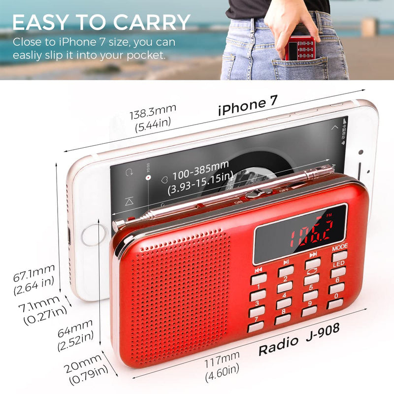 [AUSTRALIA] - PRUNUS Mini Portable Radio AM FM Pocket Radio with MP3, LED Flashlight, Digital Radios Speaker Support Micro SD/TF Card/USB, Auto Scan Save, 1200mAh Rechargeable Battery Operated[Latest Version] Red 