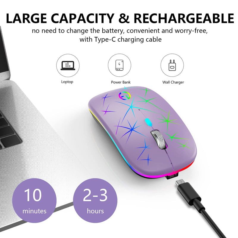 Wireless Mouse, 2.4G Portable Optical Quiet RGB Mouse with USB Receiver and Type C Adapter, 3 Adjustable DPI Levels, Wireless Computer Mouse for Laptop, Computer, PC, MacBook, Desktop Purple