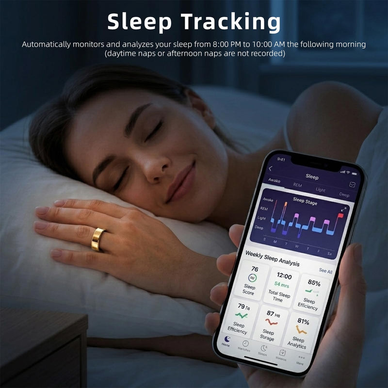 Smart Ring for Women & Men, Fitness Tracker Ring with Charging Case, Supports Heart Rate, HRV, Blood Oxygen, IP68 Waterproof, Sleep Tracking Ring for iOS and Android, No Subscription Fees(Gold 7) Gold